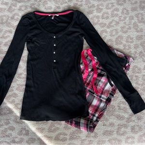 SOLD Victoria’s Secret pajama set size small long / tall black Henley top plaid